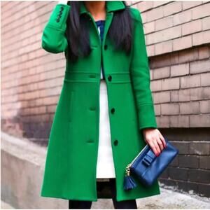 J Crew Coat Women 00P Lady Day Italian Double Cloth Wool Blend Green Long Peacoa
